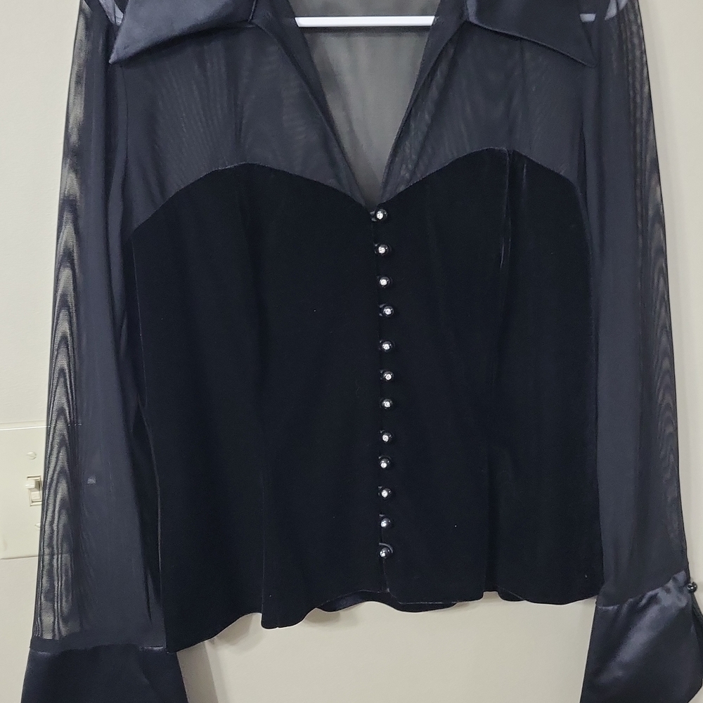 Dress Barn Black Sheer-Sleeve Satin Collar Rhinestone Button-Front Velvet Blouse